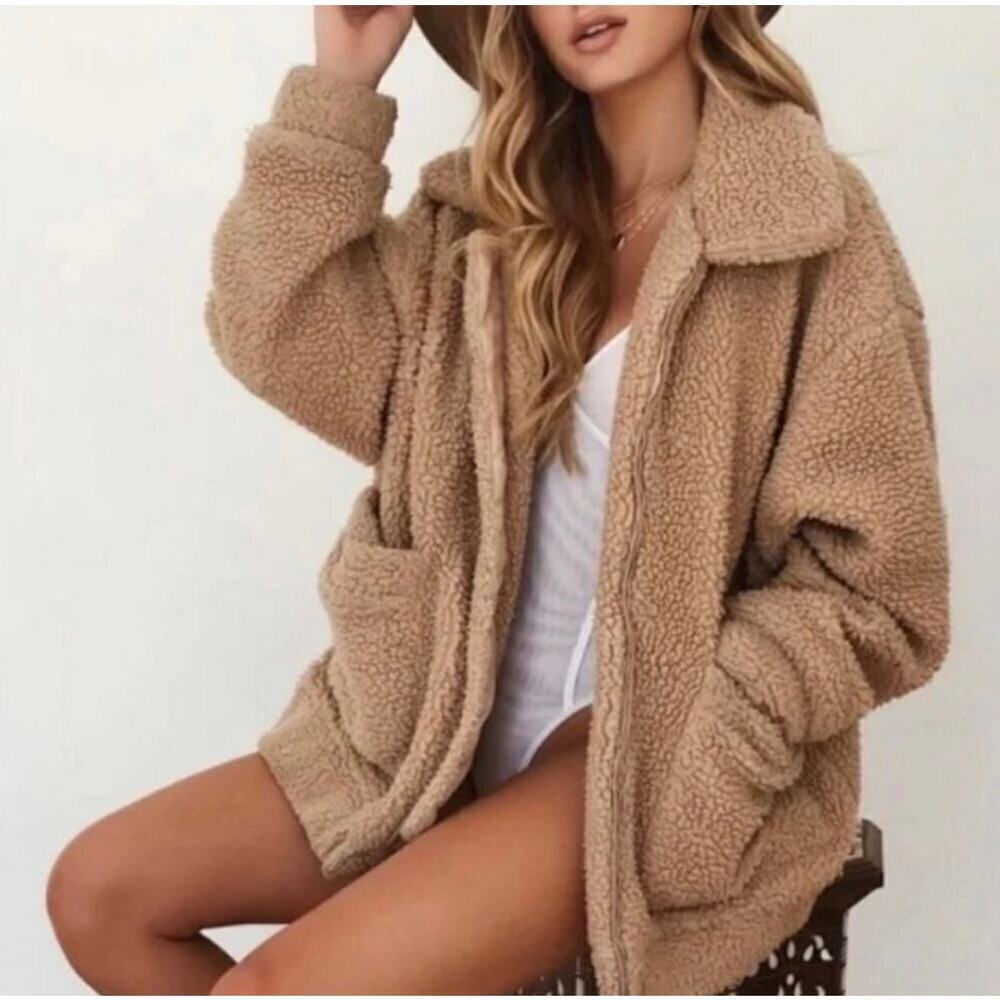 I AM GIA Pixie Full Zip Oversized Tan Sherpa Jacket size XS